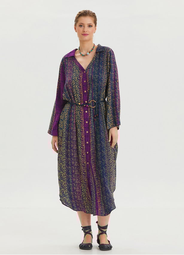 Shirt Collar Belt Detailed Purple Patterned Long Sleeve Dress 4449